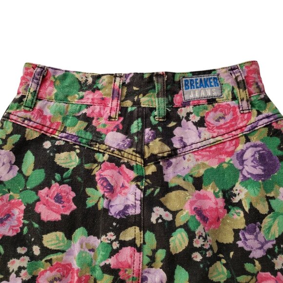 Vintage 80s 90s Floral Denim Skirt XS Breaker Jeans Pinch Waist Retro Mini - Picture 7 of 8